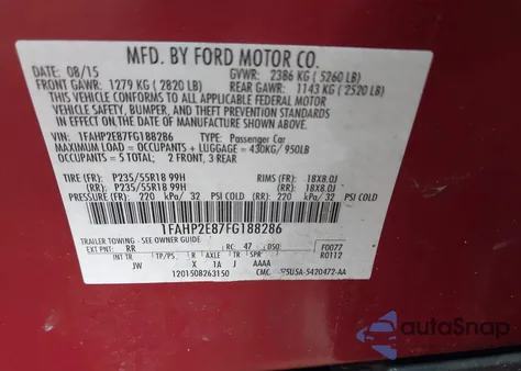 2015 Ford Taurus Sel from USA, damaged, VIN 1FAHP2E87FG188286